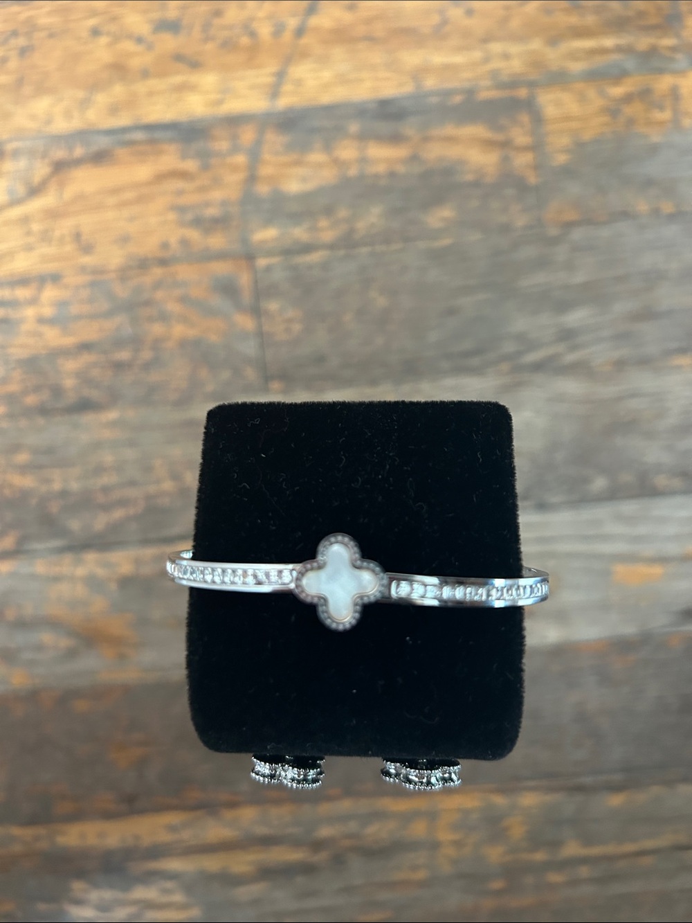 Mother of Pearl Clover Bangle Bracelet with Crystal Accents - White